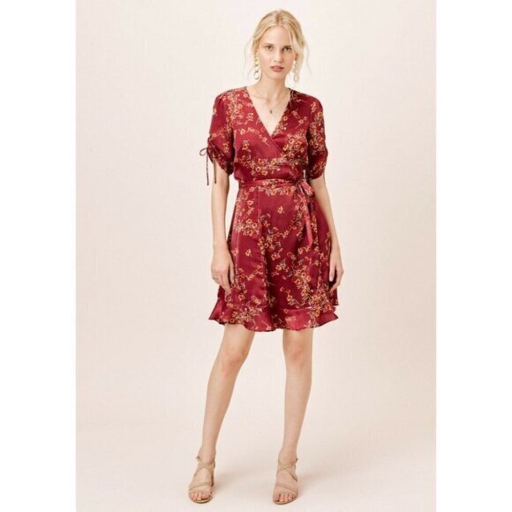 Lovestitch Dress Botanica Floral Wrap Dress Burgundy Satin Dress SZ S NWT